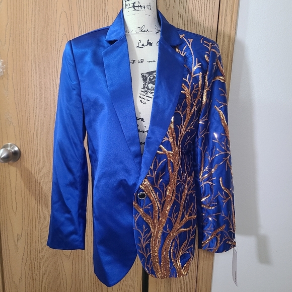 Other - NWT Royal Blue Branch Sequin Satin Tuxedo Jacket Suit Coat Novelty Party Blazer